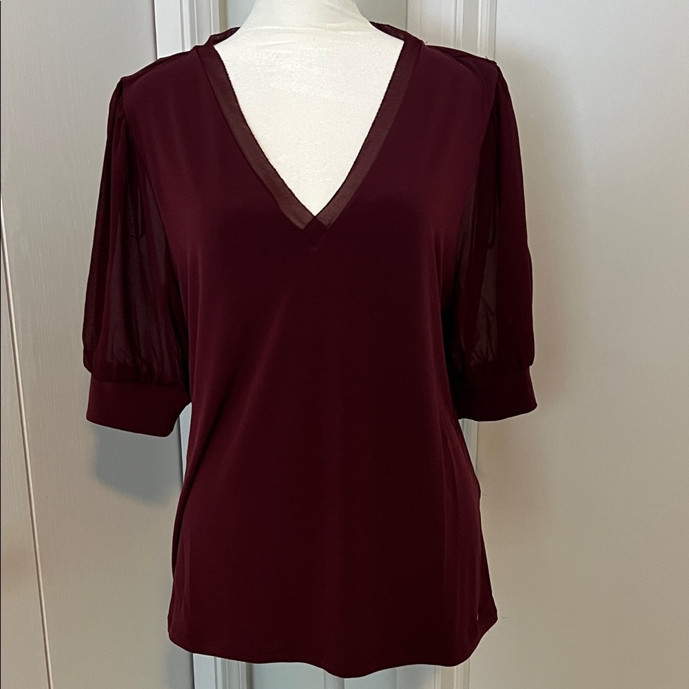 Calvin Klein Deep Burgundy V-Neck Puff Sleeve Blouse
